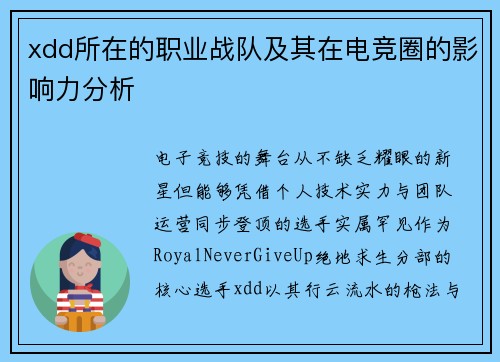 xdd所在的职业战队及其在电竞圈的影响力分析