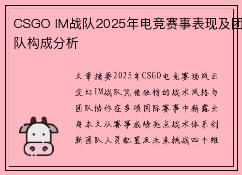 CSGO IM战队2025年电竞赛事表现及团队构成分析